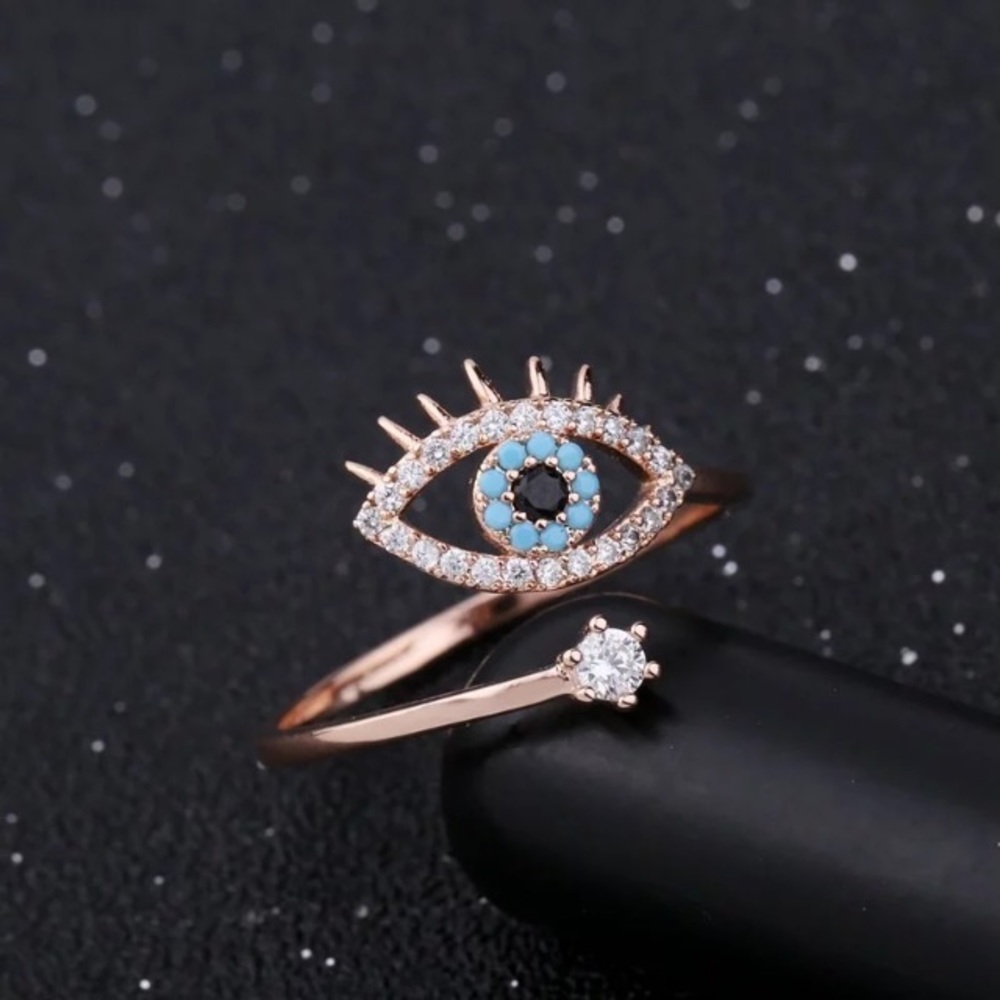 Elegant Evil Eye Hamsa Rose Gold Ring - Picture 5 of 7